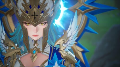 Stunning Fantasy Warrior Queen with Blue Armor and Golden Crown 4K Wallpaper