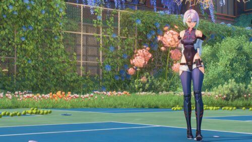 Anime Girl Standing on Tennis Court in Beautiful Garden Setting 4K Wallpaper