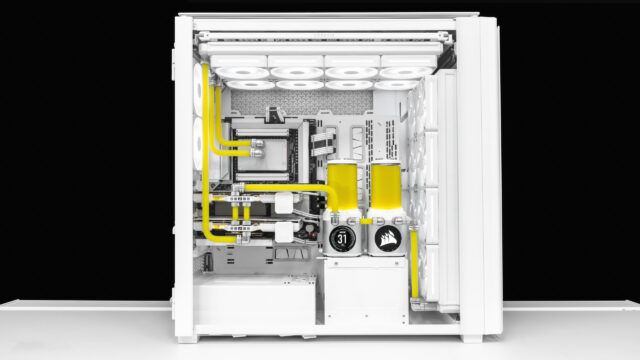 Stunning Custom Water Cooled White PC Build with Yellow Coolant 4K Wallpaper