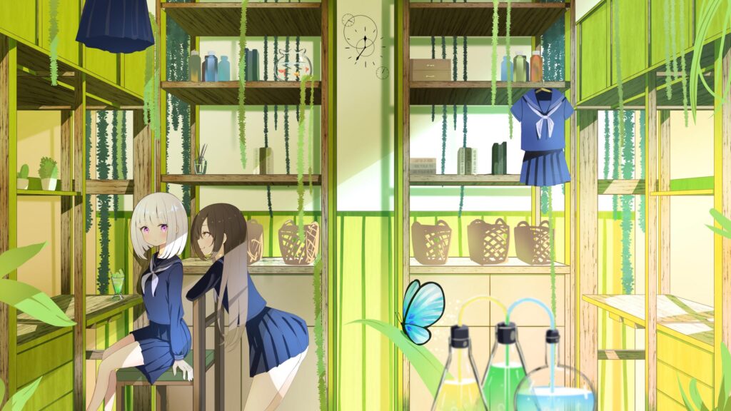 Anime Girls in Green Aesthetic Classroom Library Desktop Wallpaper