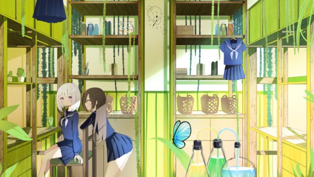 Anime Girls in Green Aesthetic Classroom Library Desktop Wallpaper