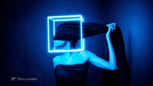 Neon Cube Head Minimalist Abstract Art Blue Aesthetic PC Wallpaper