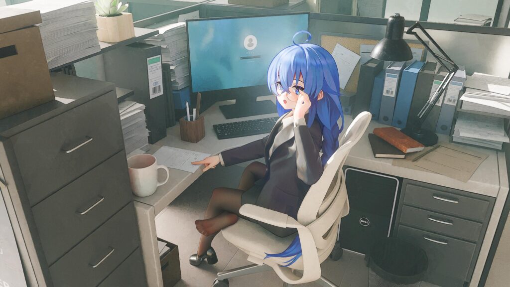 Roxy Migurdia Office Anime Girl Working on Computer PC Wallpaper