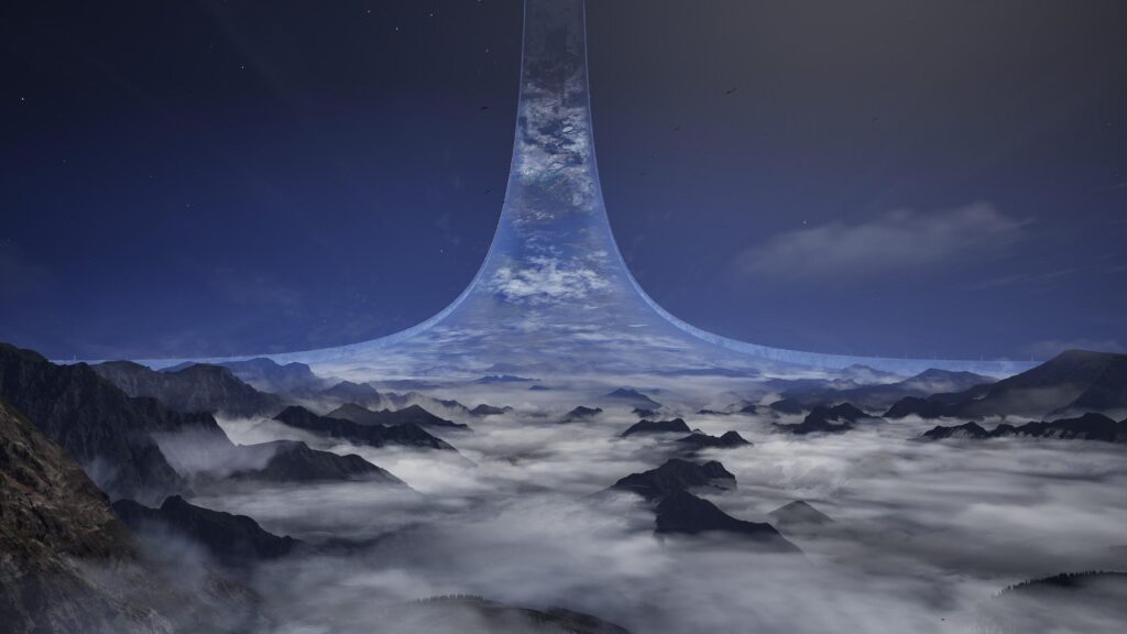 Halo Ring World Above Misty Mountains Epic Space Landscape PC Wallpaper