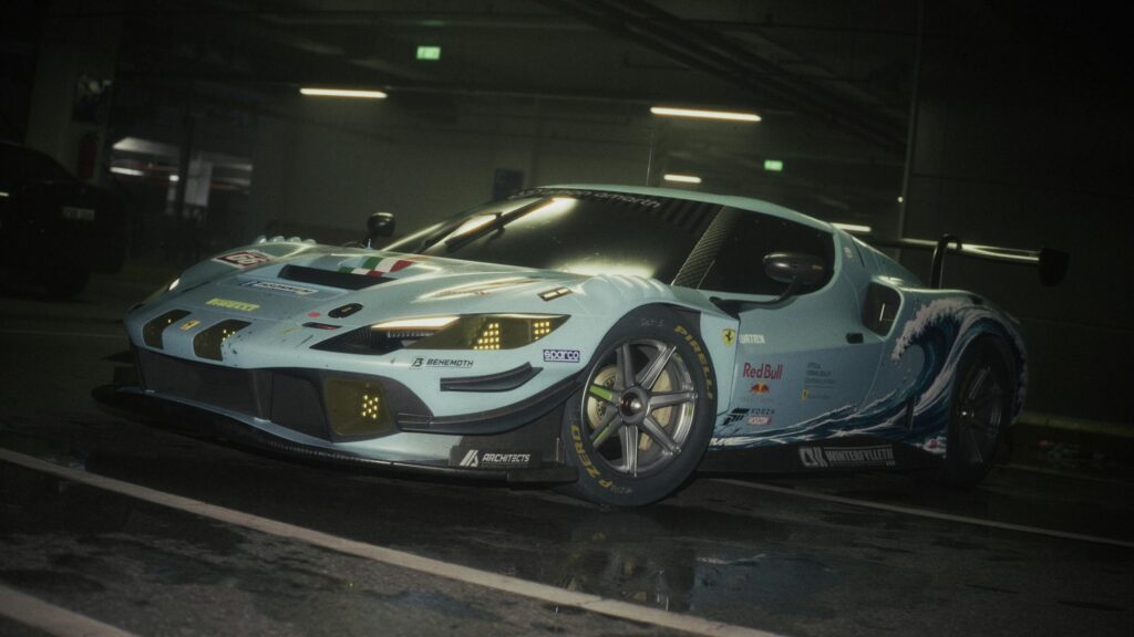 Custom Light Blue Ferrari 296 GT3 Racing Car Parking Garage 4K Wallpaper