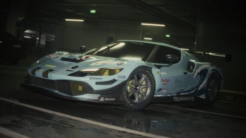 Custom Light Blue Ferrari 296 GT3 Racing Car Parking Garage 4K Wallpaper