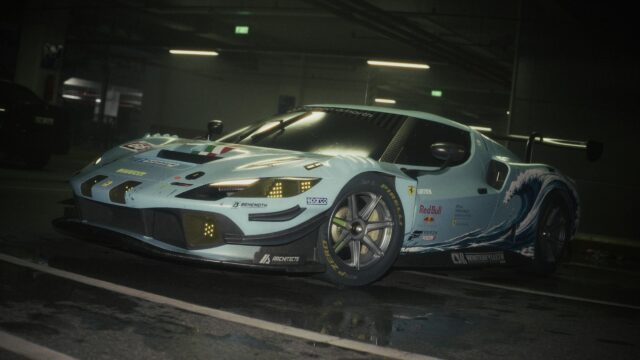 Custom Light Blue Ferrari 296 GT3 Racing Car Parking Garage 4K Wallpaper