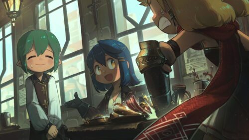 Anime Girls Having Lunch in a Cozy Tavern Fantasy Art PC Wallpaper