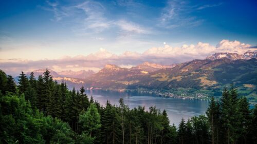Breathtaking Swiss Alps Landscape at Sunset Over Lake Lucerne Desktop Wallpaper