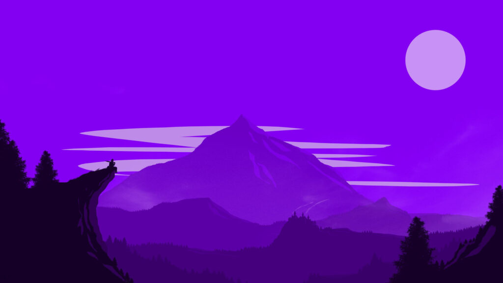 Minimalist Purple Mountain Sunset Landscape with Lone Traveler PC Wallpaper