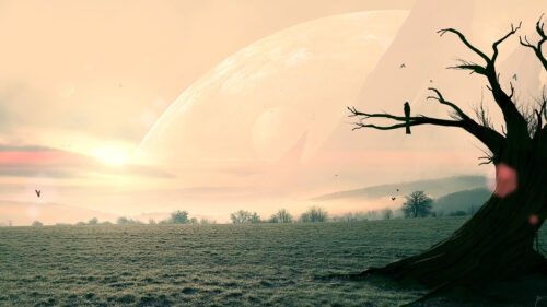 Surreal Alien Landscape with Lone Tree and Giant Planet PC Wallpaper