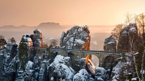Bastei Bridge Saxon Switzerland National Park Winter Sunset PC Wallpaper
