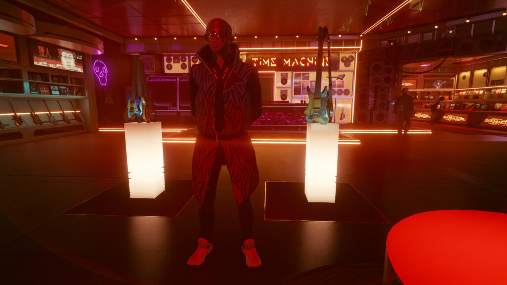 Cyberpunk Synthwave Music Store Interior with Futuristic Character 4K Wallpaper