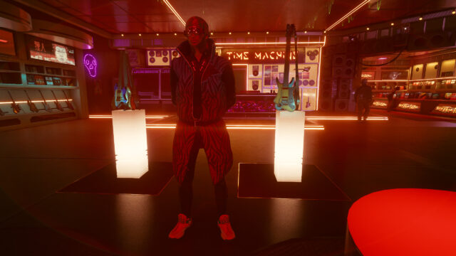 Cyberpunk Synthwave Music Store Interior with Futuristic Character 4K Wallpaper