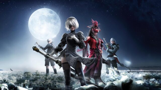 NieR Automata Characters 2B with Fantasy Warriors Under Full Moon 4K Wallpaper