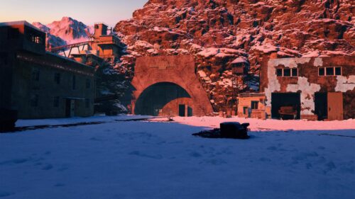 Abandoned Soviet Mountain Mine in Snow Sunset 4K Wallpaper