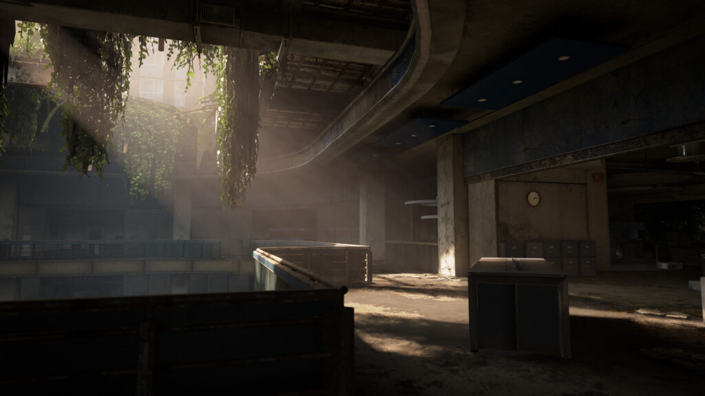 Post-Apocalyptic Abandoned Building Interior with Natural Light 4K Wallpaper