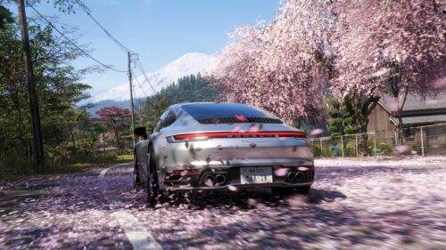 Silver Porsche 911 Carrera S in Japan Cherry Blossom Season 4K Wallpaper