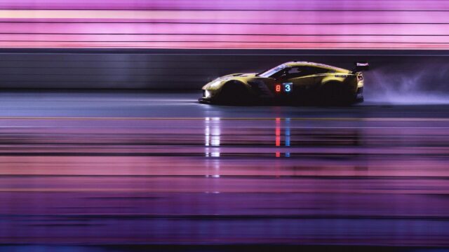 Yellow Corvette Racing Car Speeding on Night Track PC Wallpaper