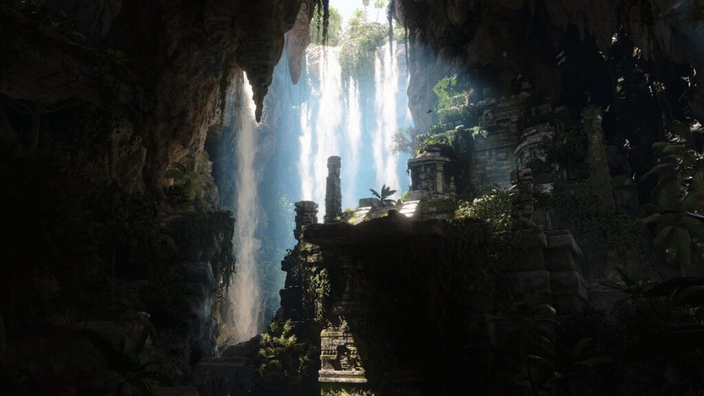 Mystical Ancient Mayan Ruins Hidden Behind a Grand Waterfall 4K Wallpaper