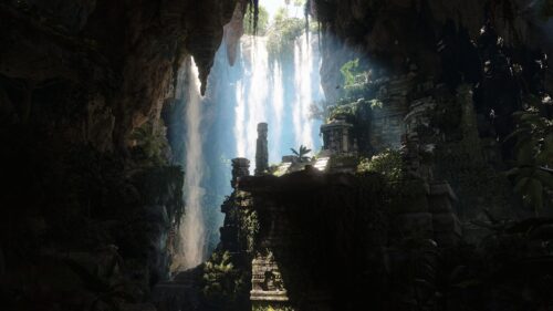 Mystical Ancient Mayan Ruins Hidden Behind a Grand Waterfall 4K Wallpaper