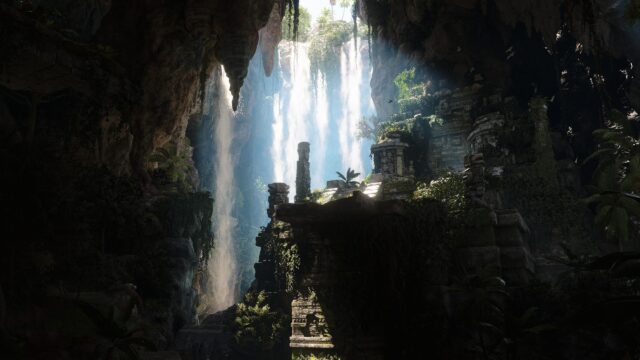 Mystical Ancient Mayan Ruins Hidden Behind a Grand Waterfall 4K Wallpaper