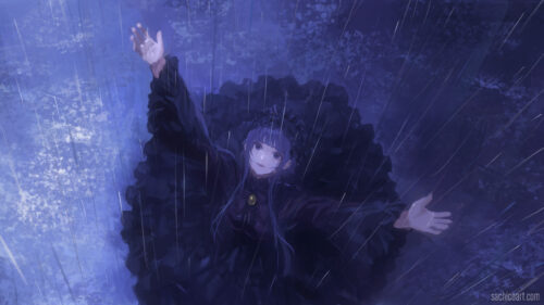 Anime Girl in Gothic Dress Standing in Heavy Rain 4K Wallpaper