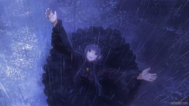 Anime Girl in Gothic Dress Standing in Heavy Rain 4K Wallpaper