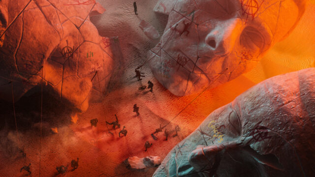 Dystopian Giant Stone Heads Desert 4K Wallpaper