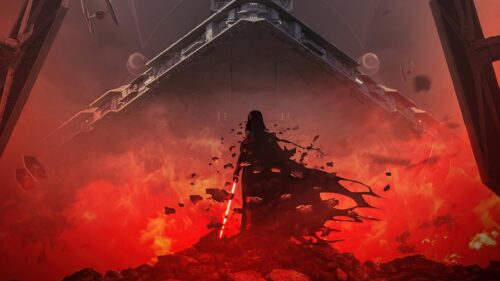 Darth Vader Amidst Imperial Destruction Desktop Wallpaper