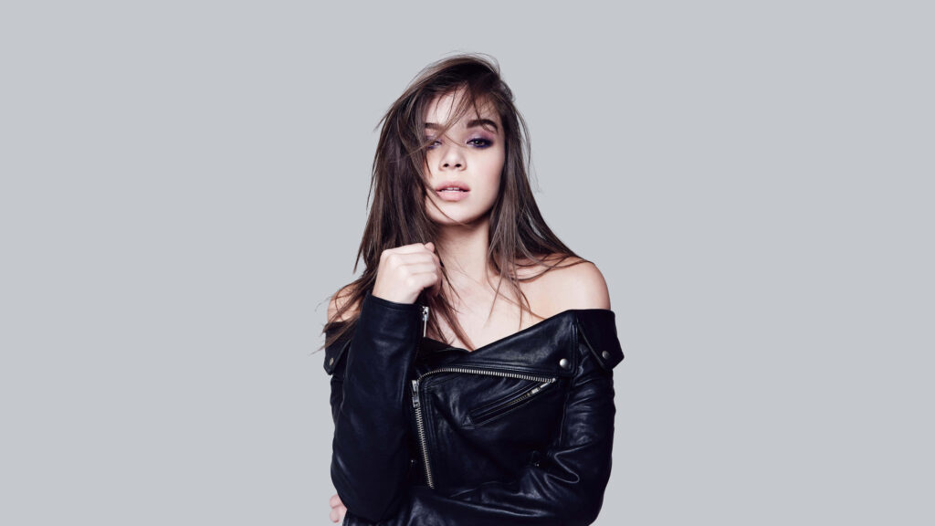 Hailee Steinfeld Off-Shoulder Leather Jacket Desktop Wallpaper