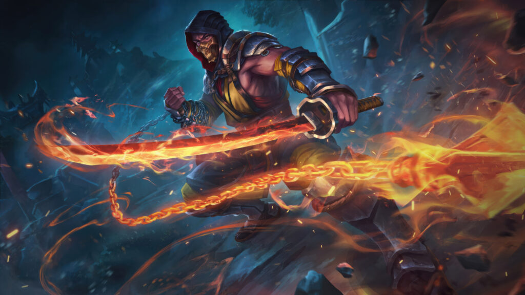 Scorpion Mortal Kombat Flaming Katana 4K Desktop Wallpaper