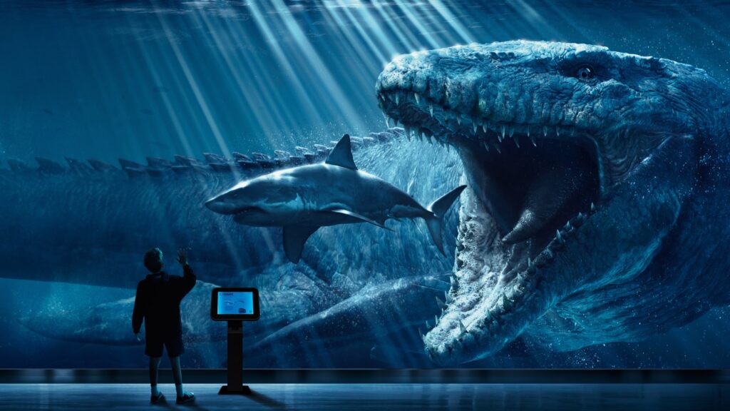 Mosasaurus Encounter Underwater Scene 4K Desktop Wallpaper