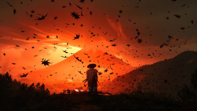 Samurai Facing Mt. Fuji at Sunset Desktop Wallpaper