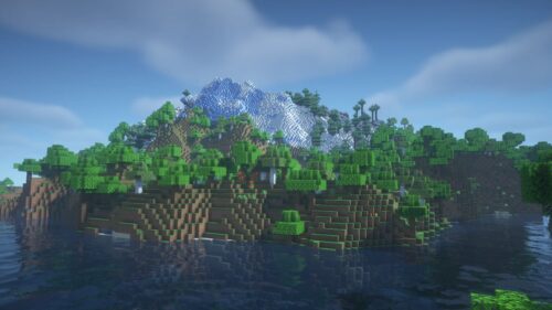 Lush Minecraft-Inspired Snowy Mountain Island Desktop Wallpaper