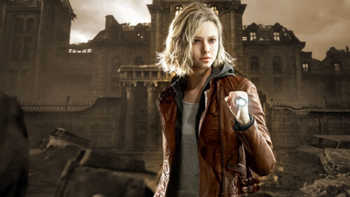 Blonde Female Protagonist in Ruined City Desktop Wallpaper