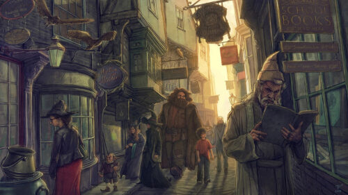 Magical Wizard Alley Scene Illustrative Desktop Wallpaper