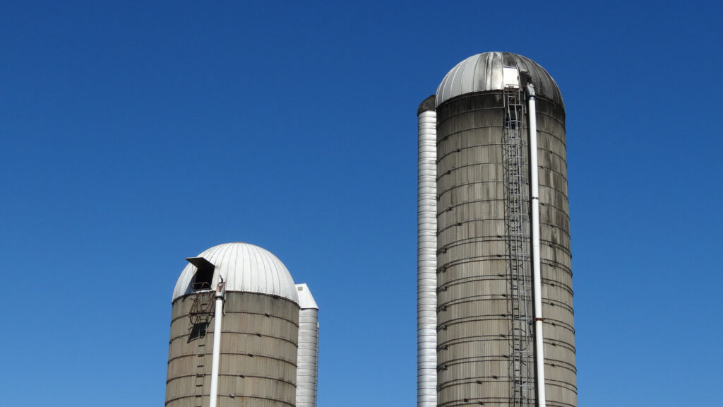 Dual Farm Silos against Blue Sky Desktop Wallpaper