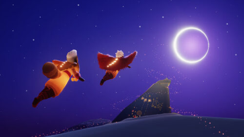 Sky Children of the Light Flying Towards the Moon Desktop Wallpaper
