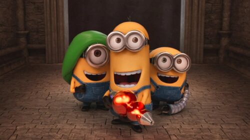 Three Minions Holding a Shiny Red Ray Gun 4K Desktop Wallpaper