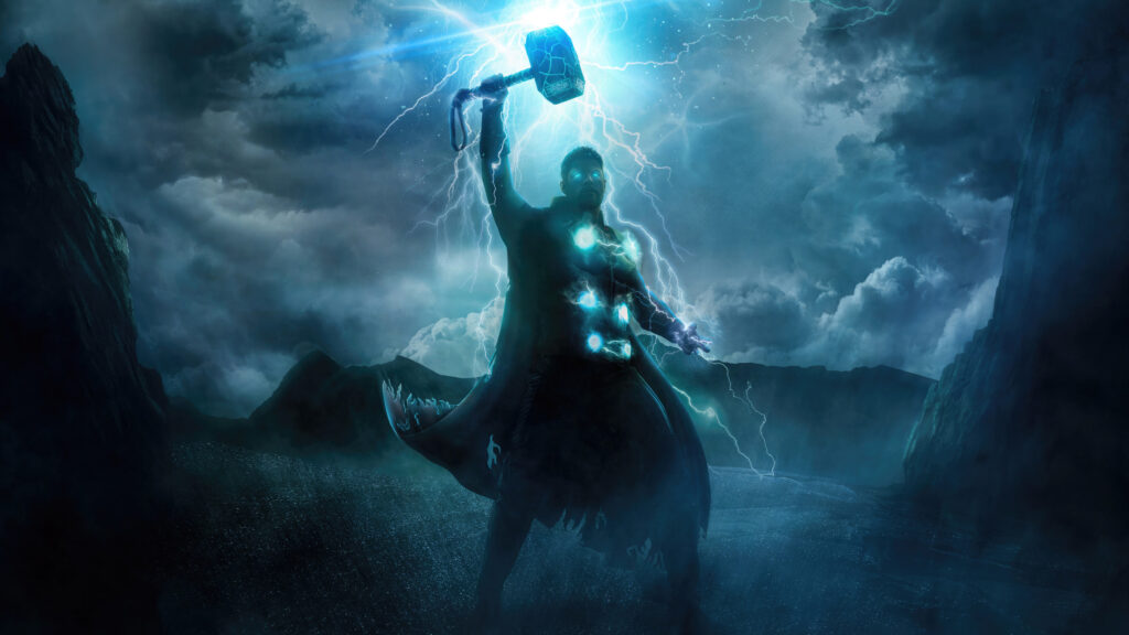 Mythical God of Thunder Holding Mjolnir 4K Desktop Wallpaper