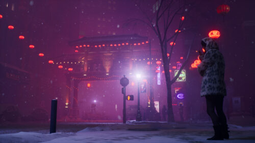 Snowy Street in Chinatown at Night Desktop Wallpaper