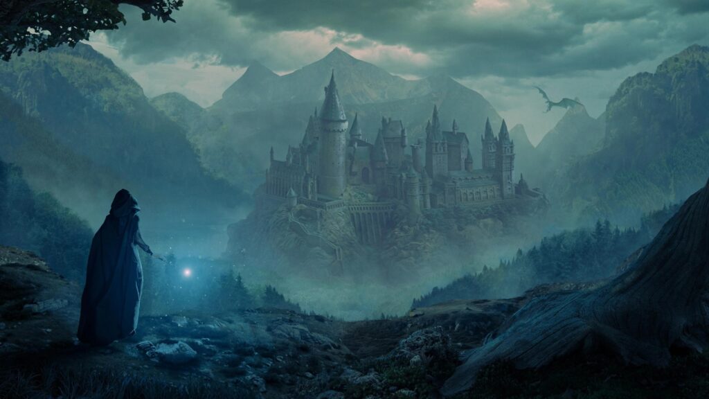 Fantasy Wizard Casting Spells at Hogwarts Castle Desktop Wallpaper