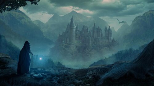 Fantasy Wizard Casting Spells at Hogwarts Castle Desktop Wallpaper