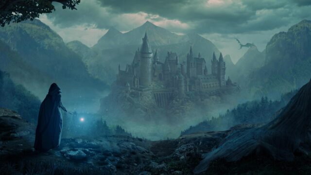 Fantasy Wizard Casting Spells at Hogwarts Castle Desktop Wallpaper