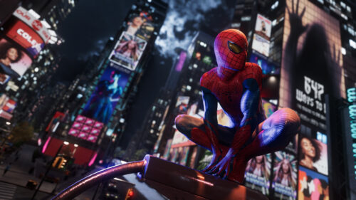 Spider-Man Crouching in Times Square 4K Wallpaper