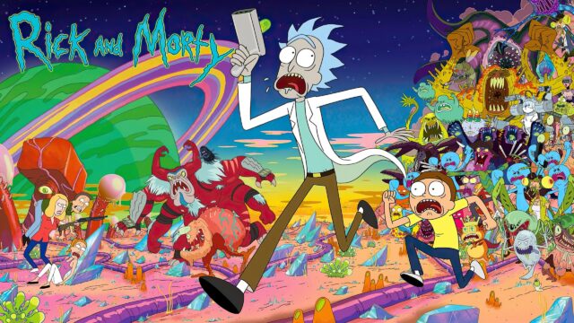 Rick and Morty Running from Aliens 4K Desktop Wallpaper