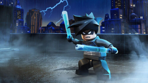 Lego Nightwing in the Rain Action Scene 4K Desktop Wallpaper