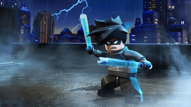 Lego Nightwing in the Rain Action Scene 4K Desktop Wallpaper