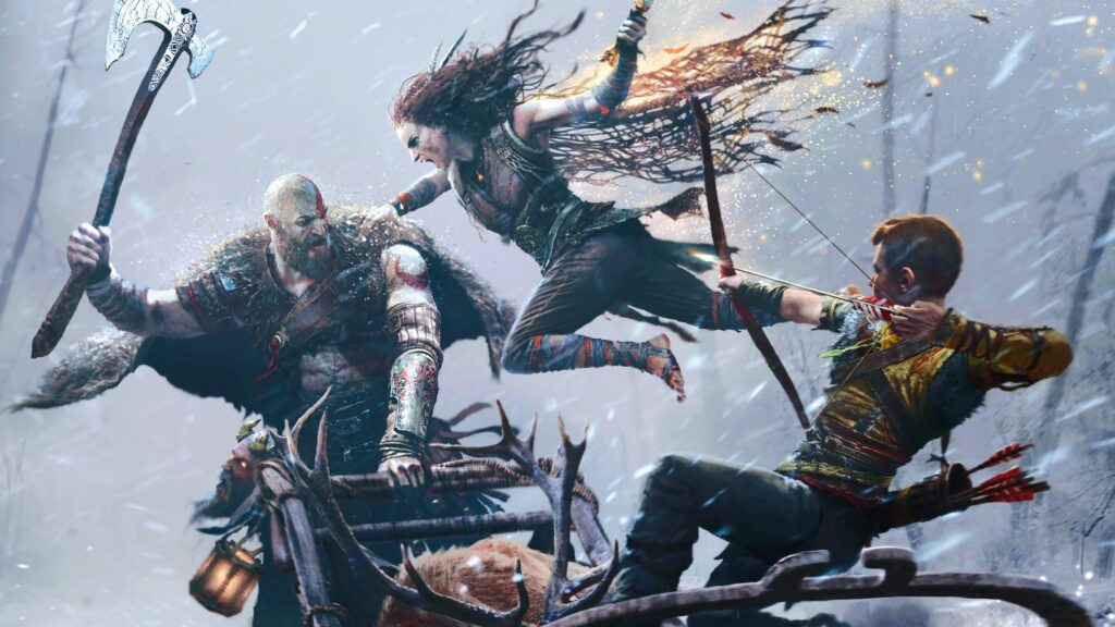 Kratos and Atreus Battle Freya Desktop Wallpaper
